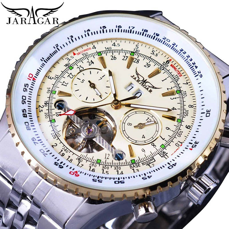 Jaragar 2017 Flying Series Golden Bezel Scale Dial Design Reloj de acero inoxidable para hombre Marca de lujo Reloj mecánico automático