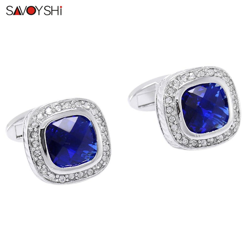 SAVOYSHI Luxury Square Cufflinks for Mens French Shirt High Quality Blue Crystals Cuff links Wedding Grooms Gift Man Jewelry