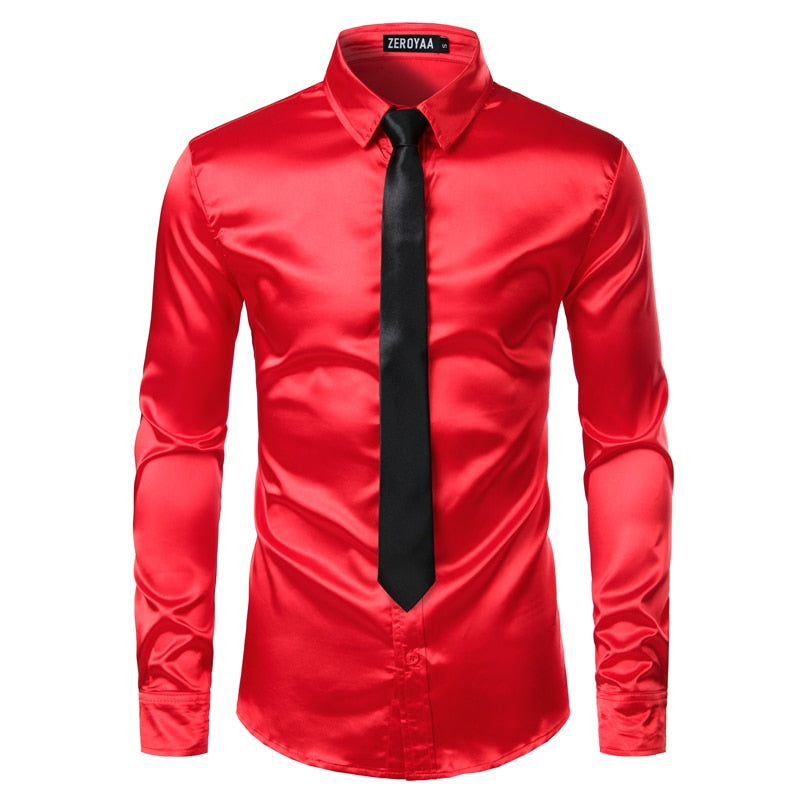 2 Stück Silber Seidenhemd + Krawatte Herren Satin glatt Smokinghemden Casual Button Down Herrenhemden Hochzeit Party Prom Chemise Homme