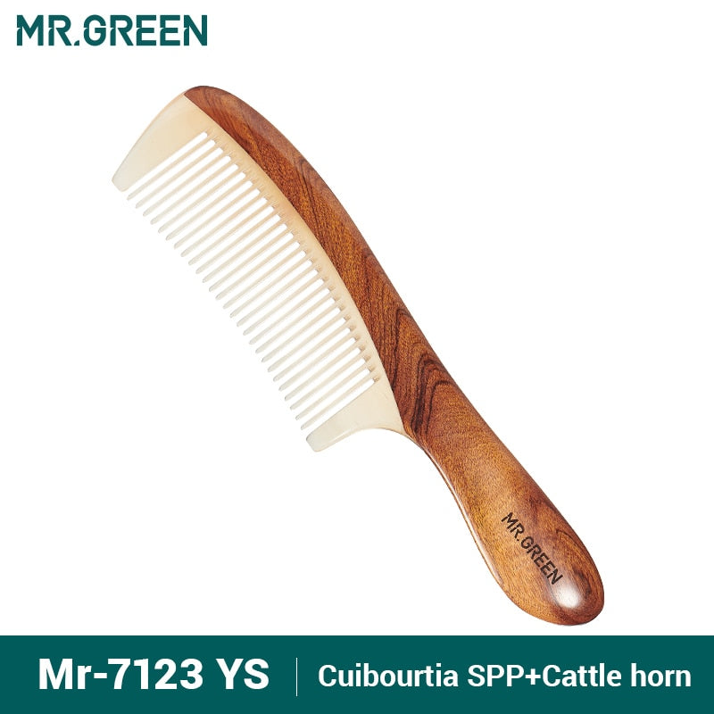 MR.GREEN Comb Natural Wood With Horn Splicing Structure Fine Tooth Hair Comb Anti-Static Head acupuncture point massage Gift