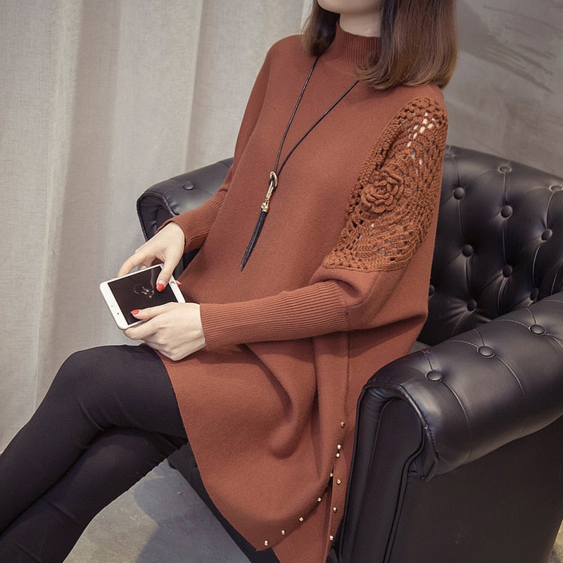 2022 Autumn And Winter New Loose Sweater Coat Women's Half-high Collar Pullover Wrap Swing Beading