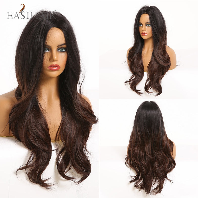 EASIHAIR Long Wavy Brown Synthetic Wigs With Blonde Highlights Cosplay Natural Hair Wigs High Temperature Fiber For Black Women