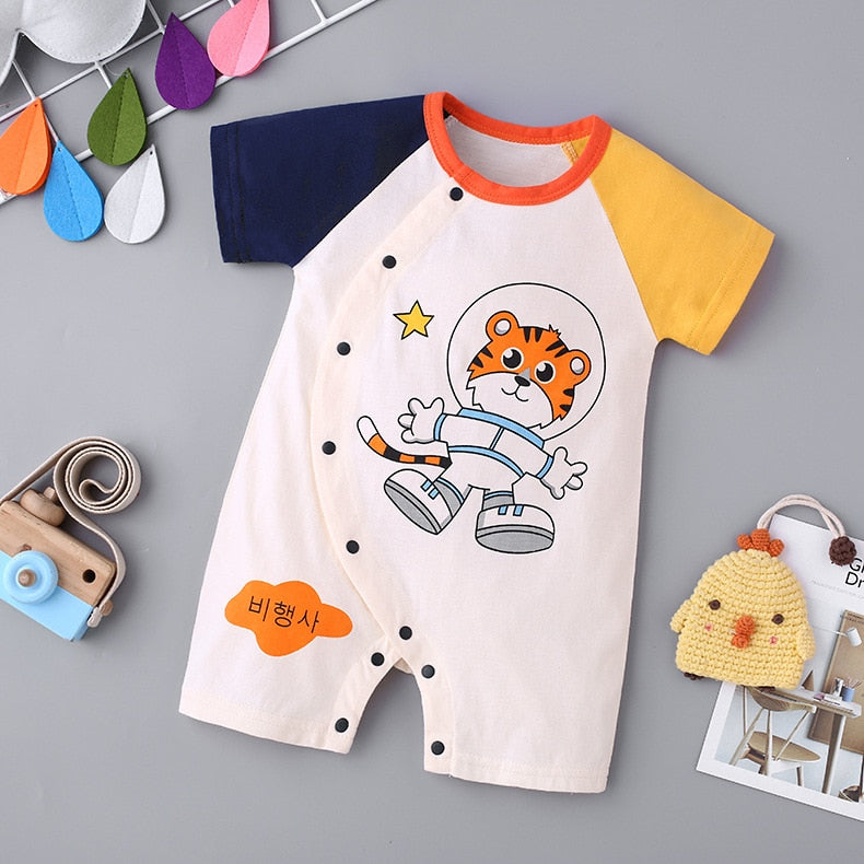 2023 summer baby clothes Casual romper newborn short sleeve cotton cartoon print stripe turn-down Infant baby boys clothing