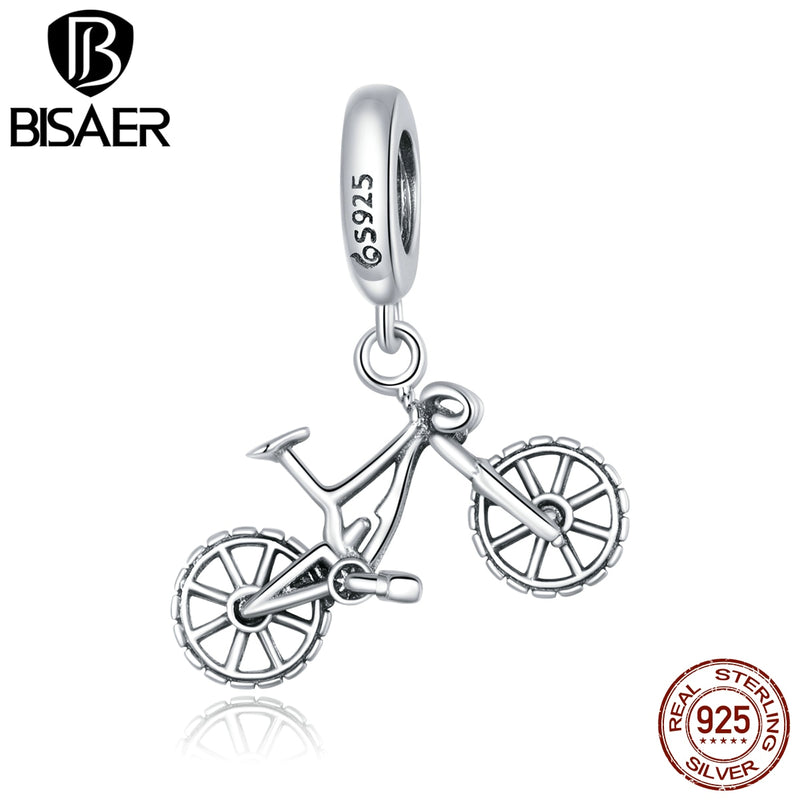 BISAER 100% 925 Sterling Silver Mountain Bike Charm Beads Transportation Pendant Fit DIY Making Bracelet Necklace Jewelry EFC384