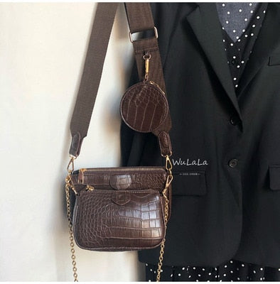 Alligator print women shoulder bag luxury designer wide strap Crossbody bag chain Sling bag pu leather ladies 3 bag set handbag