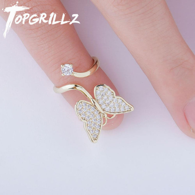 TOPGRILLZ Bling Bling Butterfly Nail Ring Cubic Zirconia Nail Ring Fashion Jewelry For Women  Adjustable Nail Ring