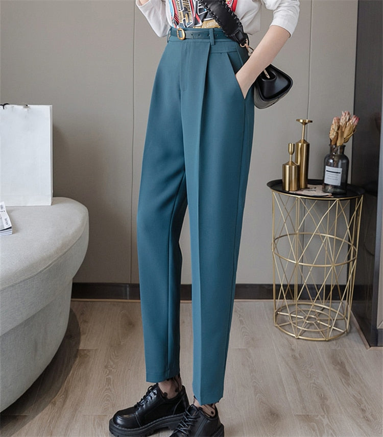 Colorfaith New 2022 High Waist Korean Fashion Elegant Office Lady Ankle-Length With Belt Spring Summer Women Suit Pants P7223