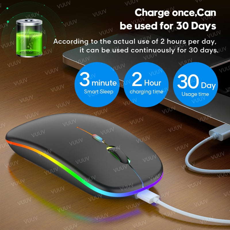 Bluetooth Wireless Mouse For Computer PC Laptop iPad Tablet MacBook With RGB Backlight Ergonomic Silent Rechargeable USB Mouse