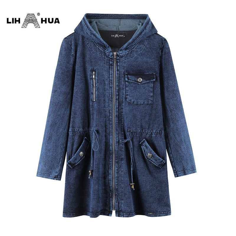 LIH HUA, chaqueta vaquera de talla grande para mujer, estilo largo informal para mujer, Chaquetas vaqueras de punto de algodón elástico Premium