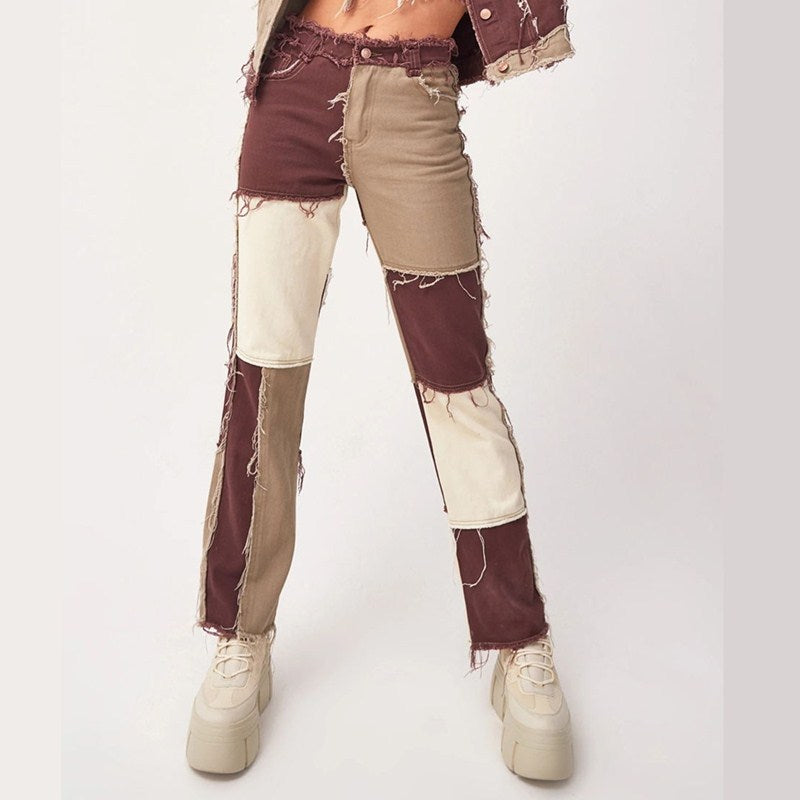 Autumn Brown Women Cowboy Striped Patchwork Jeans Street Casual Hip Hop High Waist Loose Straight Jeans Women&