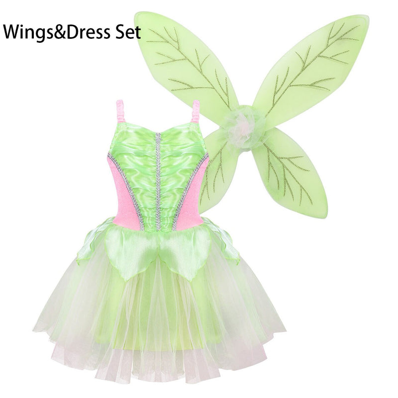 TiaoBug Kinder Mädchen Prinzessin Fee Kostüm Ärmelloses Netzkleid Glitzernde Flügel Set Kinder Halloween Cosplay Party Dress Up