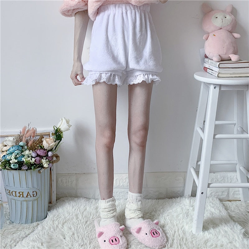 Winter Cute Lolita Girls Warm Velvet Shorts Sweet High Waist Lace Women's Plush Pajamas Shorts Summer Kawaii Bloomers Pink White