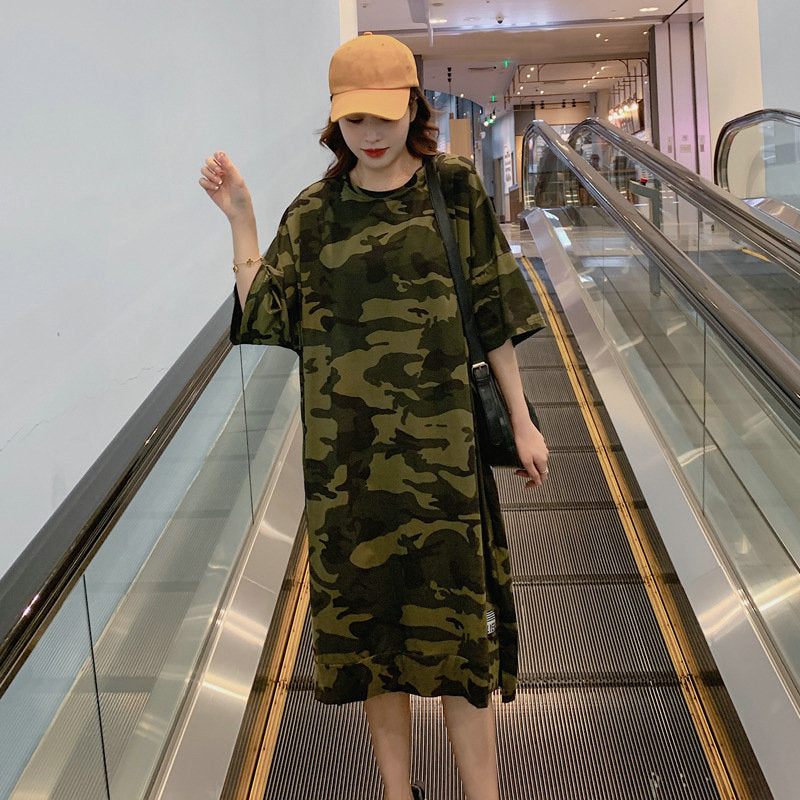 Camouflage Loose Dress Women Long T Shirt Summer Dresses 2022 for 100kg Girls Korean Half Sleeve Irregular Cotton Tees