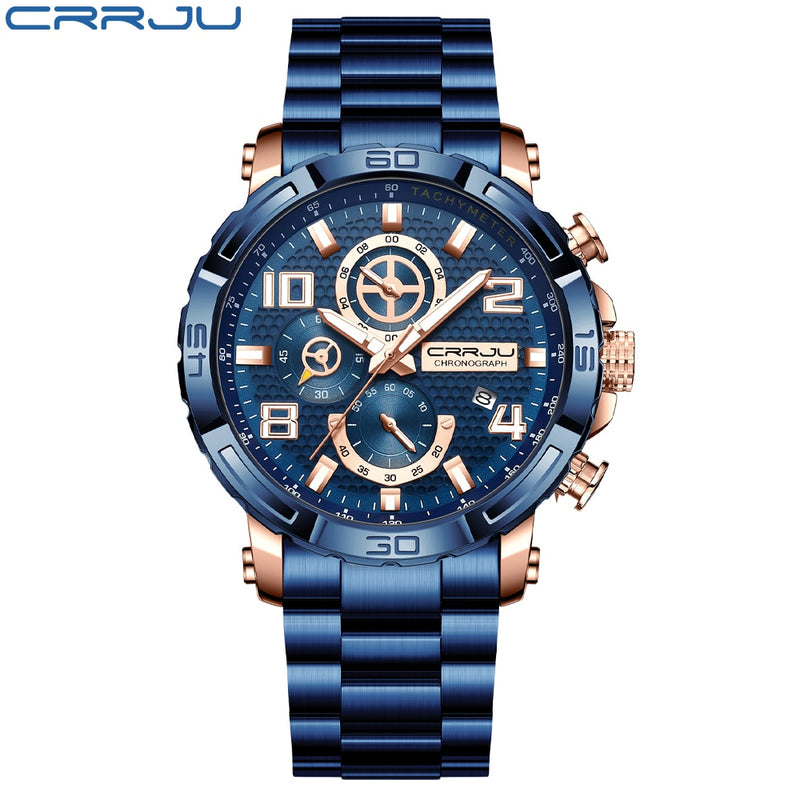 Relojes CRRJU para hombre, esfera grande, resistente al agua, de acero inoxidable, con manecillas luminosas, cronógrafo deportivo, reloj Masculino