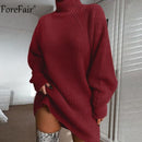 Forefair Turtleneck Long Sleeve Sweater Dress Women Autumn Winter Loose Tunic Knitted Casual Pink Gray Clothes Solid Dresses