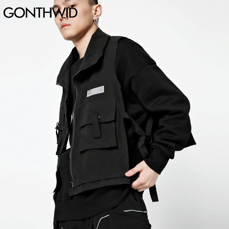GONTHWID Multi Zipper Pockets Cargo Waistcoat Tooling Vest Streetwear Men Fashion Side Ribbon Buckle Zip Sleeveless Jackets Tops