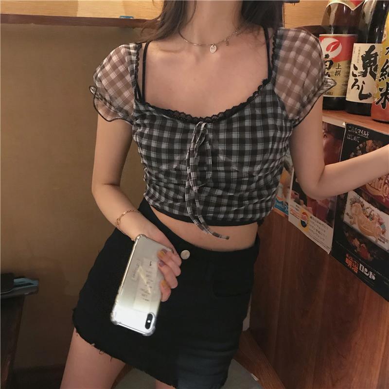 2021 Summer New Plaid Tshirts Women Retro Square Collar Shirt Casual Lace Tees Puff Sleeve Y2k Crop Tops Female Korean Fashion