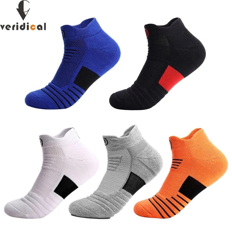5 Pairs Ankle Sport Socks Cotton Towel Bottom Damping Striped Sweat-Absorbing Badminton Tennis Bike Run Travel Fitness Socks