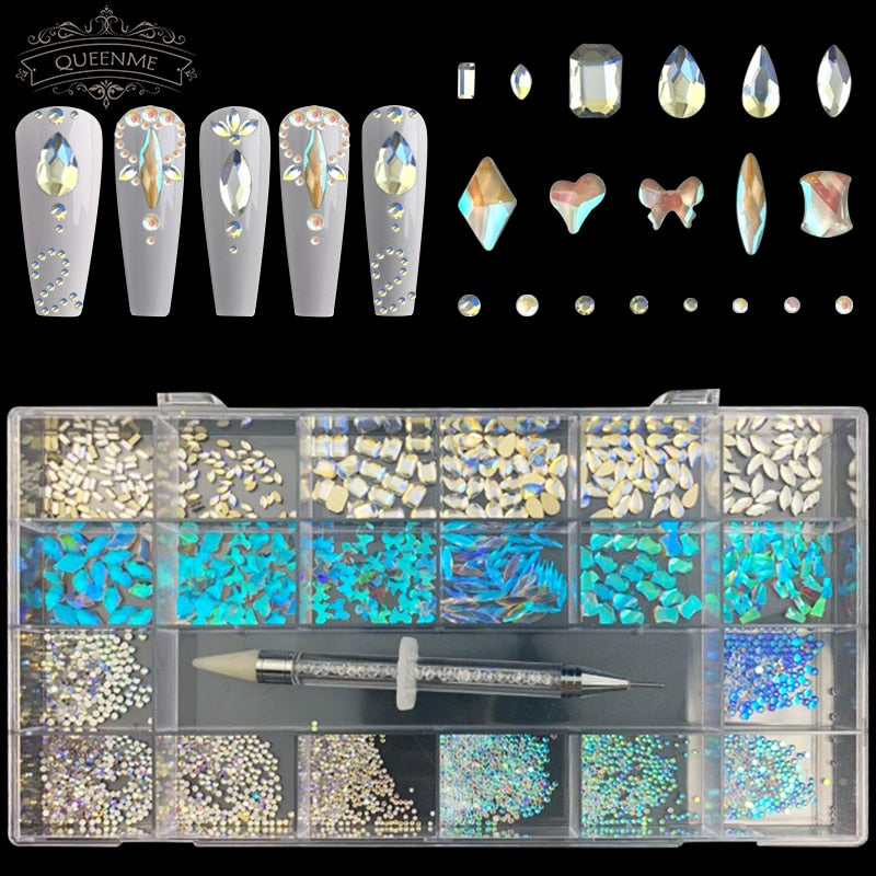 21 rejillas de cristales, diamantes, juego de diamantes de imitación para uñas, 3100 Uds., Kit de diamantes de imitación con reverso plano, arte de uñas brillante con 1 bolígrafo para decoraciones