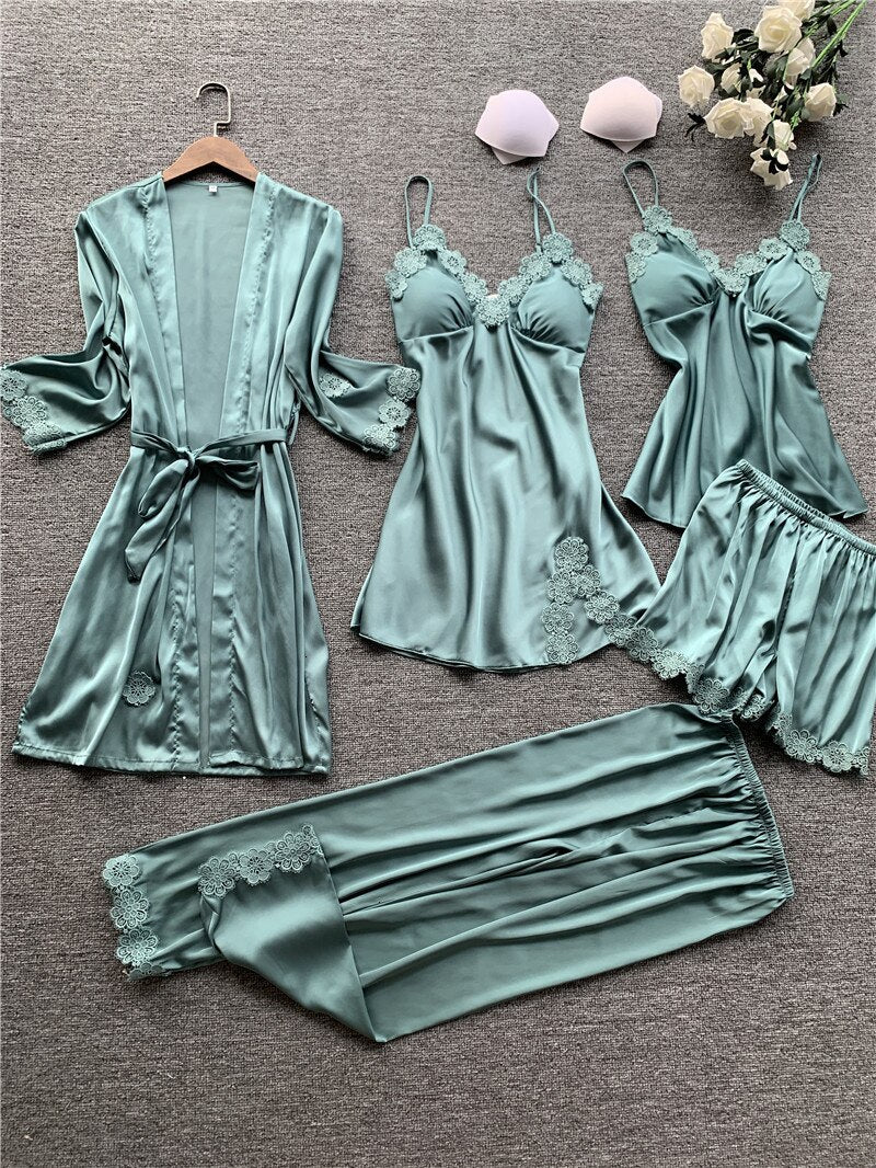 Stain Lace Women Pajama Set 5 Pieces Set Pajamas V Lead With Chest Pad Spaghetti Strap Set Pijama