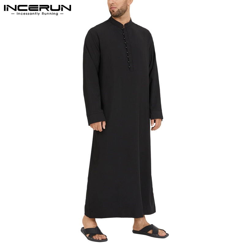 Muslimische Männer Jubba Thobe Langarm Einfarbig Atmungsaktive Roben 2022 Stehkragen Islamischer Arabischer Kaftan Männer Abaya S-5XL INCERUN