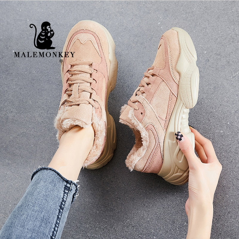 Platform Shoes For Women Black 2021 Winter Warm Fur Casual Sport Shoes Thick Bottom Sneakers Lace Up Chunky Female Shoes