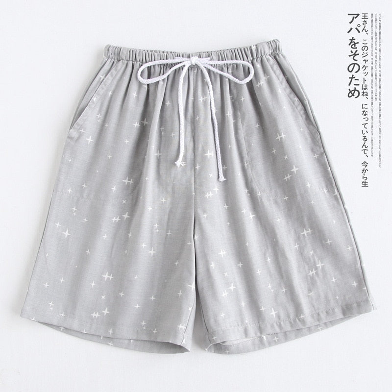 Par de pijamas de verano pantalones cortos de gasa de algodón estilo japonés simple cintura elástica casual de gran tamaño entramado hombres y mujeres pantalones de casa