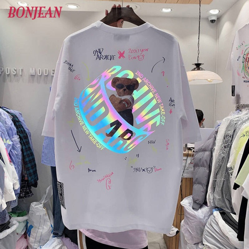 Harajuku Hip Hop Women Shirt INS Reflective Back Cartoon Bear T-shirt 2020 Summer Loose Couple Mid-length Short Sleeve Tops