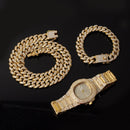 Necklace +Watch+Bracelet Hip Hop Miami Curb Cuban Chain Gold Color Iced Out Paved Rhinestones CZ Bling Rapper For Men Jewelry