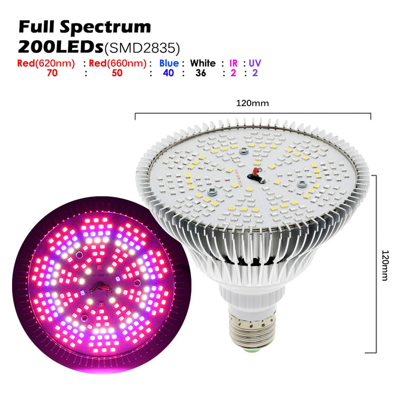 Luz LED de cultivo 150Leds 200Leds Full Spectrum Sunlike E27 Bombilla LED de crecimiento para hidroponía de interior Flores Plantas Lámpara de crecimiento LED