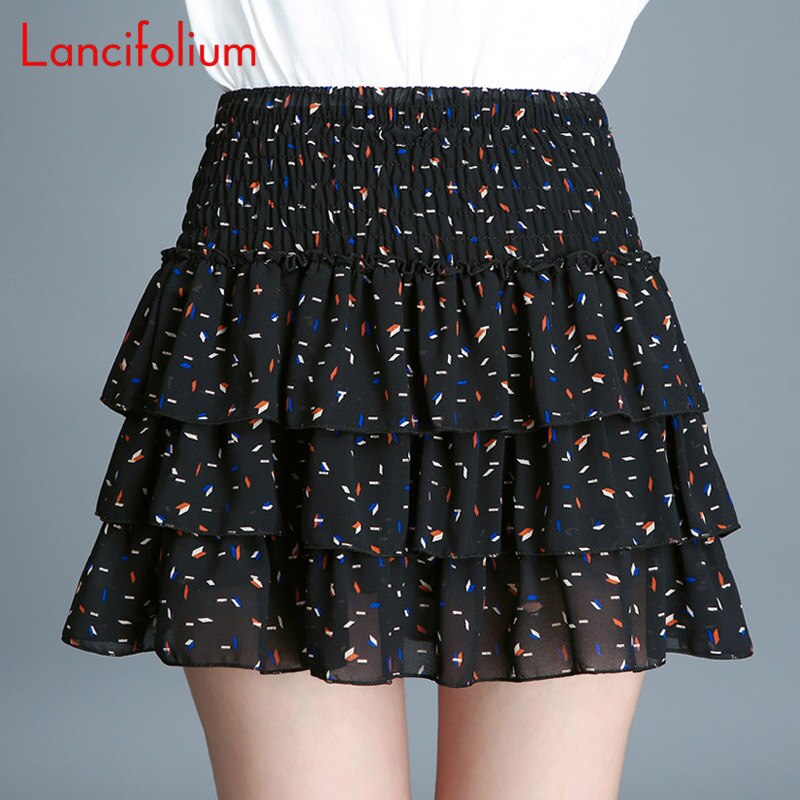 Cake Skirt Women Floral A Line Chiffon Mini Skirt Korean Kawaii Elastic High Waist Tiered Black White School Pleated Skirts B006