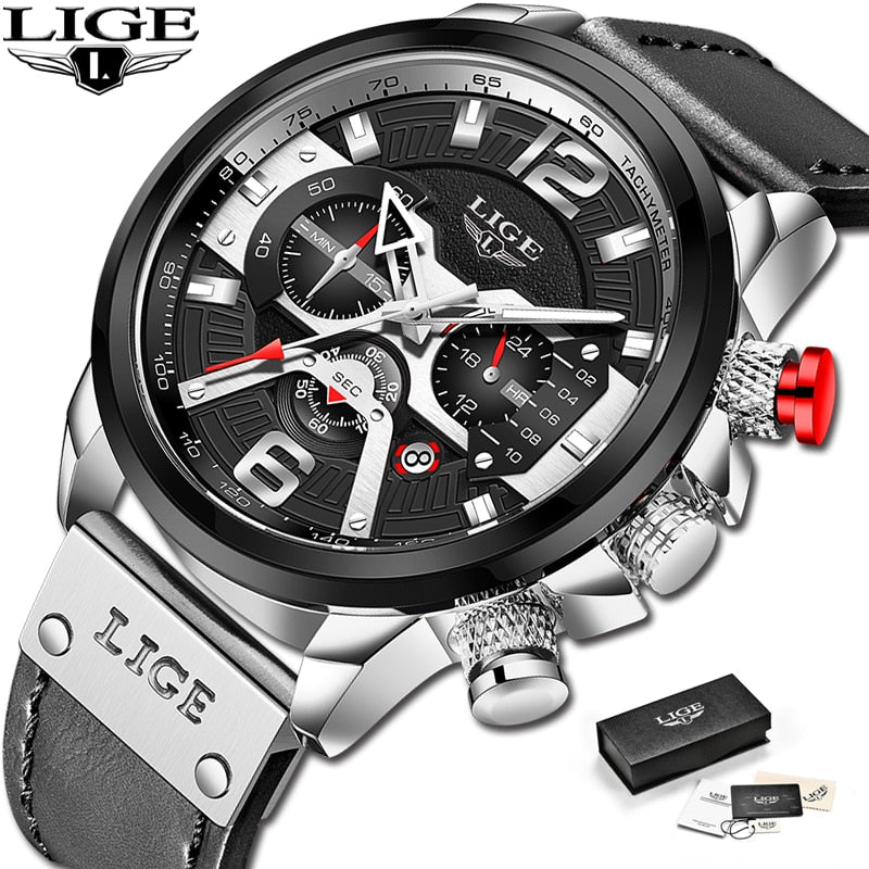 2022 New Mens Watches LIGE Top Brand Leather Chronograph Waterproof Sport Automatic Date Quartz Watch For Men Relogio Masculino