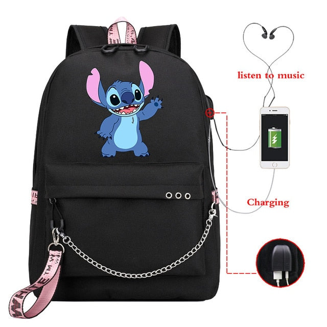 Disney Kawaii Stitch Bag Zipper USB Charging Mochila Capacity Backpack Women Kpop School Bags for Teenage Girls Students