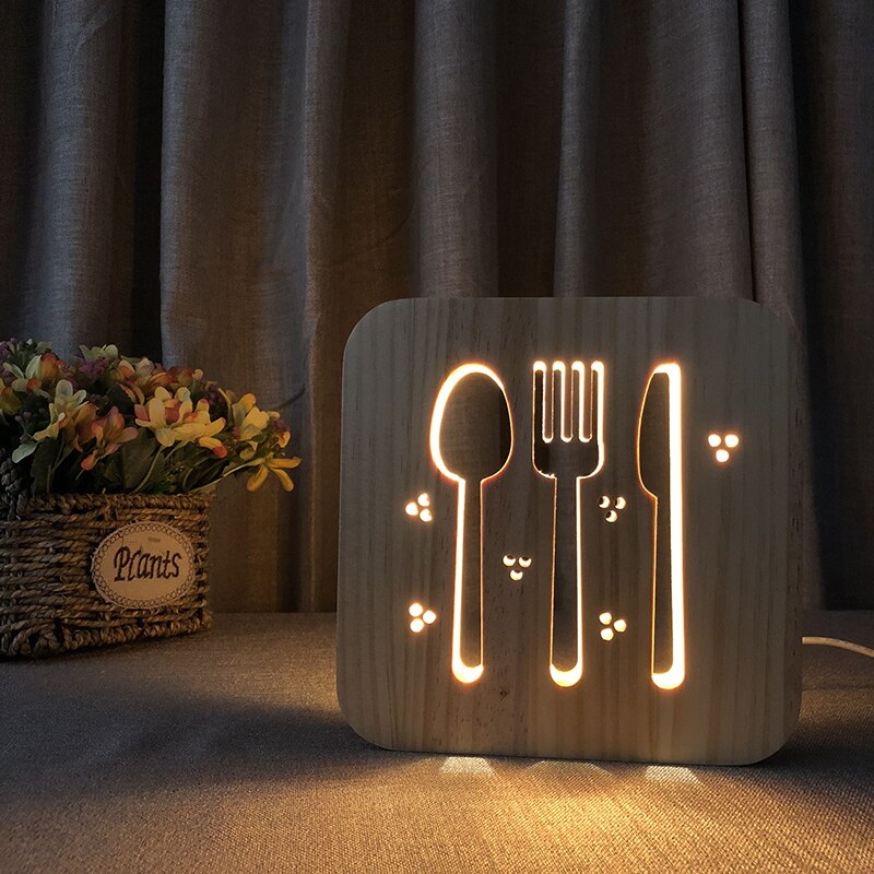 USB 3D LED Wood Night Light  Cross  Animal Tea Style Luminaria Fashion Lamp For Living Room Coffee Shop Dining Room Home Decor