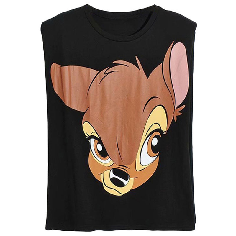 Disney T-Shirt Vintage Sleeveless Shoulder Pad Bambi Deer Cartoon Print Harajuku Women T-Shirt O-Neck Chic Cotton Tee Top Female