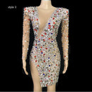 Sparkly Colorful Rhinestones Transparent Dress Prom Evening Sexy See Through Multicolor Crystals Costume Birthday Fether Sleeves