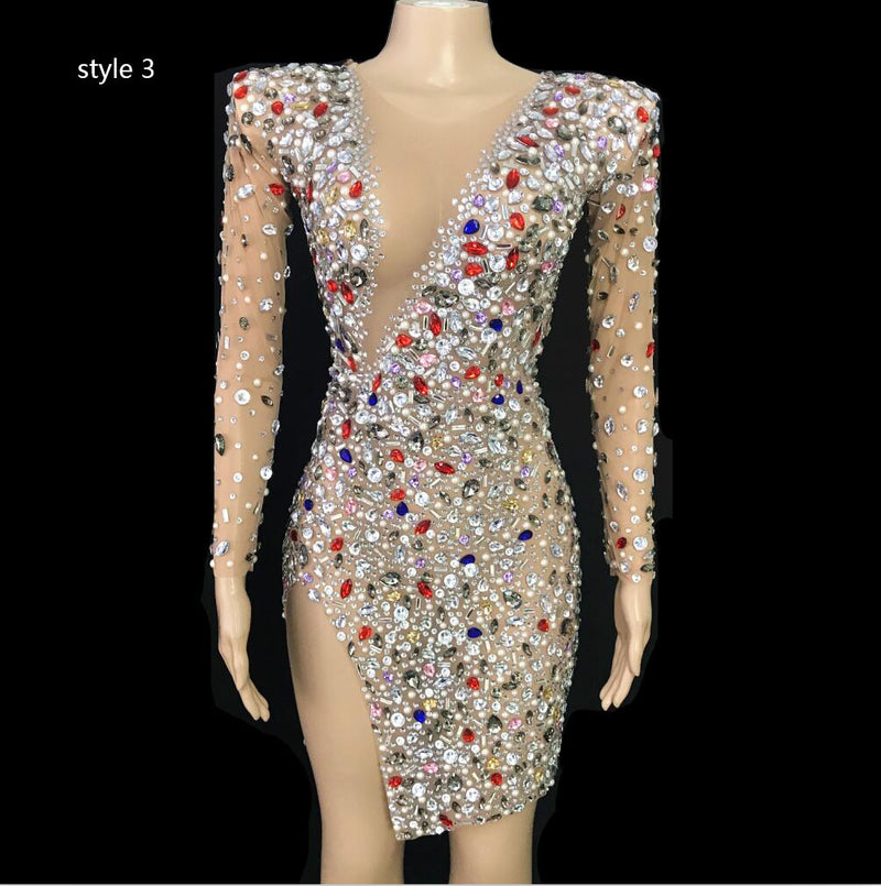 Sparkly Colorful Rhinestones Transparent Dress Prom Evening Sexy See Through Multicolor Crystals Costume Birthday Fether Sleeves