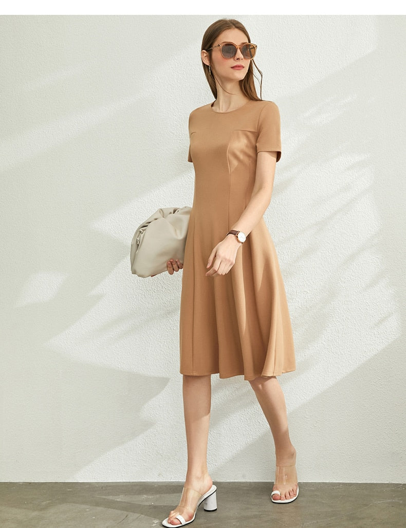 Amii Spring Summer New Causal Dress For Women Fashion Solid Oneck Slim Fit Knee-length Female Summer Dress  12060032