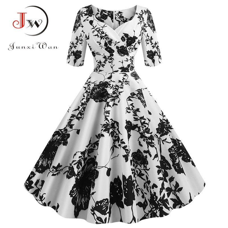 Women flower print Autumn dress Casual Winter half sleeve Elegant Vintage dress Robe femme  pinup office party vestidos