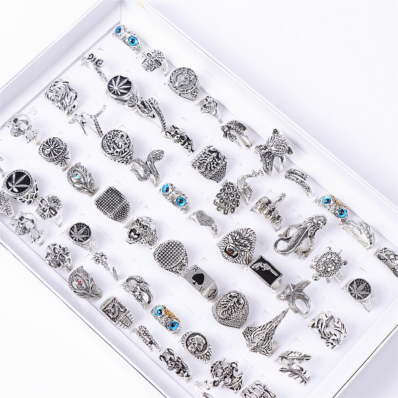 50pcs/lot Punk Gothic Snake Owl Skull Animal Silver Plated Rings For Women Men Mix Style Vintage Jewelry Party Gifts