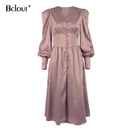 Bclout Elegant Satin Single-Breasted Shirt Dress Fashion Beige Slim V Neck Long Dresses Woman Latern Sleeve Autumn Winter Robe