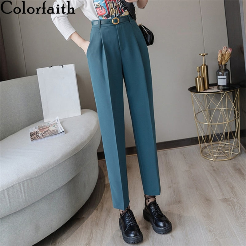 Colorfaith New 2022 High Waist Korean Fashion Elegant Office Lady Ankle-Length With Belt Spring Summer Women Suit Pants P7223