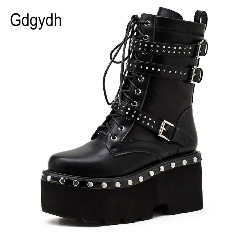 Gdgydh 2022 Frühling Lace-Up Motorradstiefel für Frauen Runde Zehe Dicke Plattform High Heels Weibliche Stiefeletten Gothic Style Schuhe