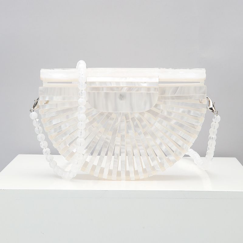 Acrylic Basket Evening Clutch Bag Women Hollow Out Stone Pattern Half Moon Acrylic Beach Handbag Beaded Shoulder Bag Holiday