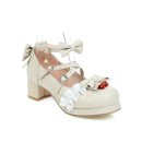 Japanese Lolita Mary Janes Shoes Princess Pink Ankle Strap Bowtie Strawberry Ruffles Wedding Cosplay Uniform Pumps Plus Size 48