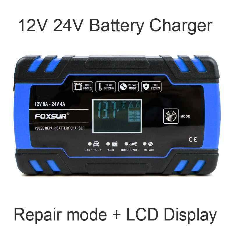 FOXSUR 12V 24V 8A Car Motorcycle Battery Charger ,Lead Acid AGM GEL WET Smart Battery Charger, Pulse Repair Battery Charger