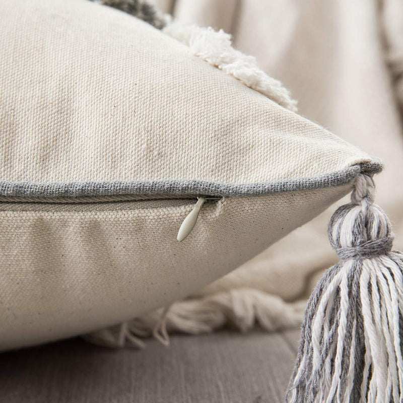 Moroccan Style Cushion Cover Tuft Tassels Handmade Neutral Decoration Pillow Cover 45x45cm/30x50cm For Sofa Bed  Grey Ivory Diamond Stripe