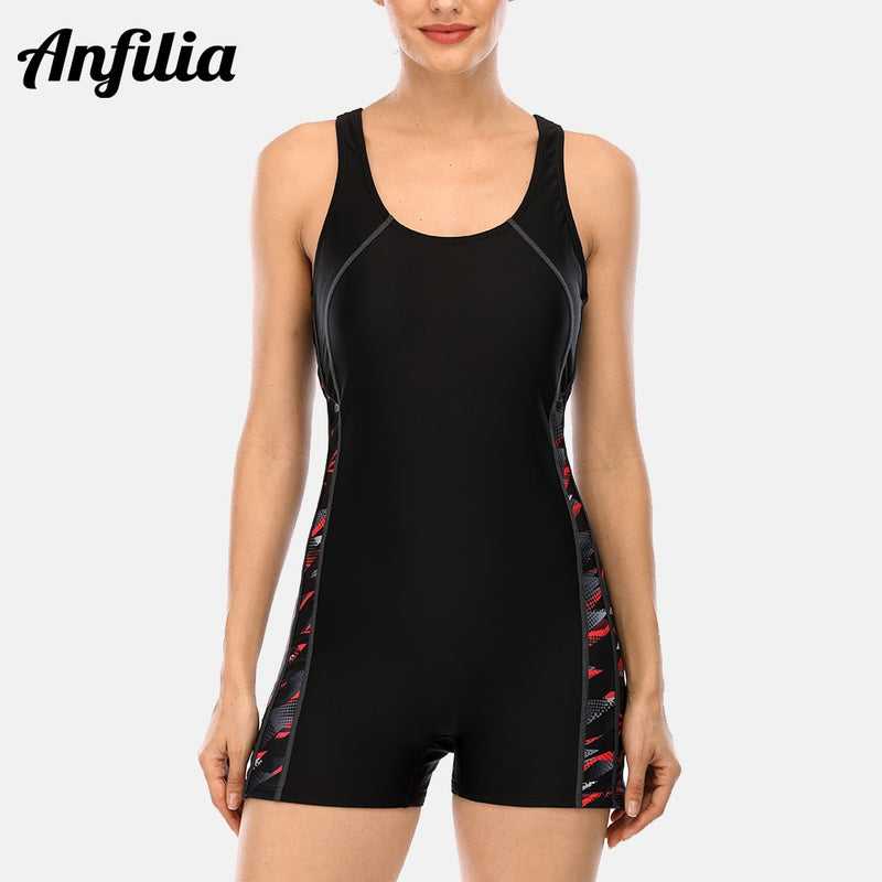 Anfilia One Piece Women Pro Sports Swimwear Boyleg Sport Swimsuit Patchwork Bikini Beach Wear Bathing Suit