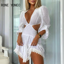 Women Elegant Dress Lace Trim Cutout Puff Sleeve Plunge Dress V Neck Casual Dress Vacation Dress 2021