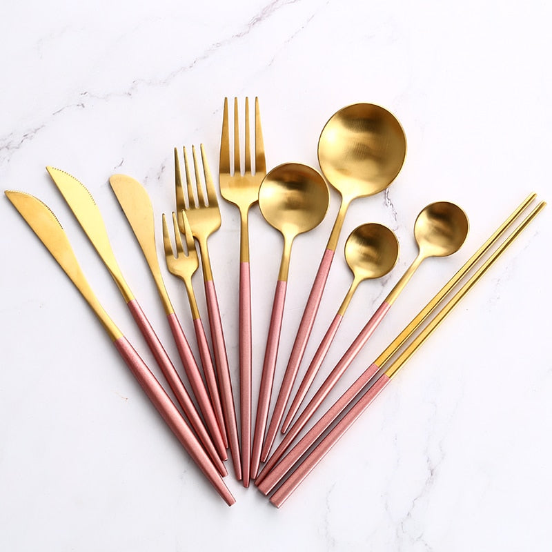 Pink Gold Western Tableware Steak Knife Fork Coffee Spoon Teaspoon Steel Cutlery Set Stainless Steel Home Dinner Dinnerware Set